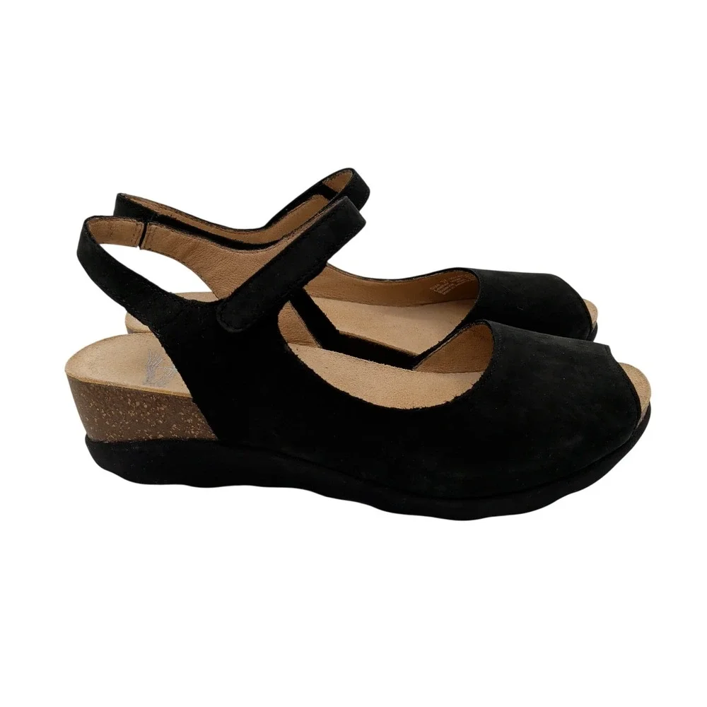 Dansko Marcy Womens 37 Black Leather Peep Toe Wedge Sandals Hook Loop Strap